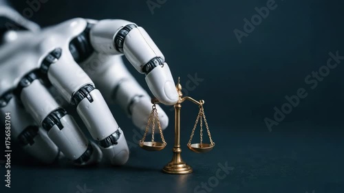 Robotic hand robot finger balance scale justice law technology ethics legal harmony visual metaphors ethical messaging