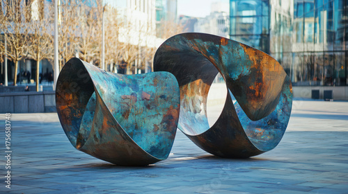 Two large, abstract, curved copper sculptures sit in an urban plaza under a sunny sky
