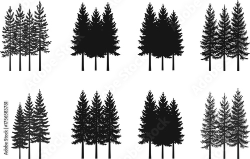 Pine tree silhouettes, forest group illustration, black tree icons, evergreen foliage patterns, natural landscape design, botanical vector art, conifer tree collection