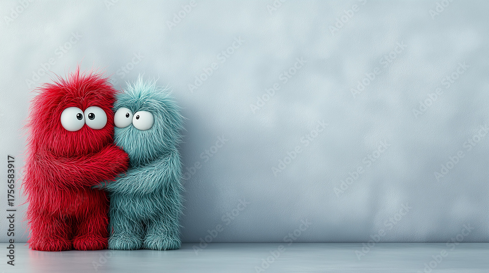 Fototapeta premium Red fluffy character hugging sad green character, kids book illustration style