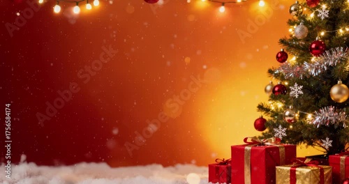 festive christmas tree with glowing lights and gift boxes on a snowy ground, magical holiday scene with falling snow against a warm red background with copy space for text