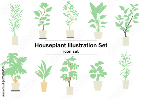 穏やかな暮らしを感じさせる観葉植物のイラストセット｜ナチュラルな室内装飾やボタニカルデザインに使いやすい白背景のベクターデータ