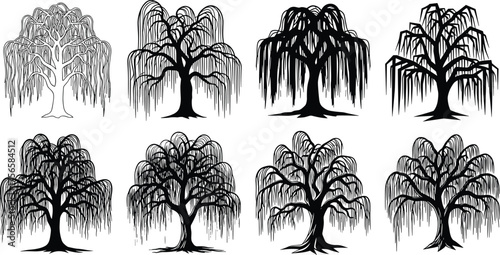 Weeping willow silhouettes, drooping branch illustration, black tree icons, cascading foliage patterns, graceful landscape design, botanical vector art, willow tree collection