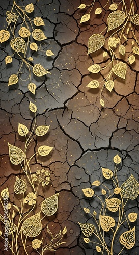 Golden Leaves on Cracked Earth - A Textured Abstract Design.