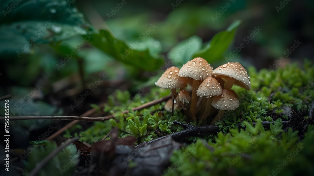 Fototapeta premium mushrooms grow among bright green leaves after rain.