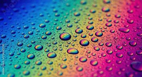 Colorful water droplets on surface close up view