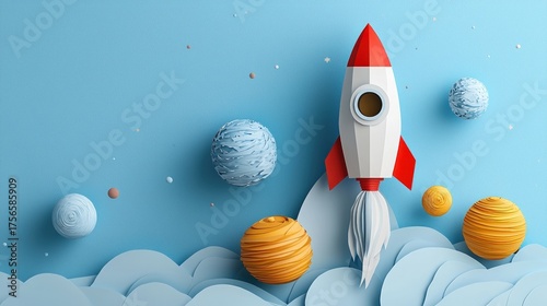 Fototapeta Naklejka Na Ścianę i Meble -  Creative paper art rocket launching through a stylized solar system.