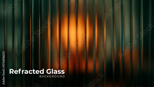 Abstract dark refractive glass texture background with yellow orange light blur. Modern translucent surface pattern for graphic design element.