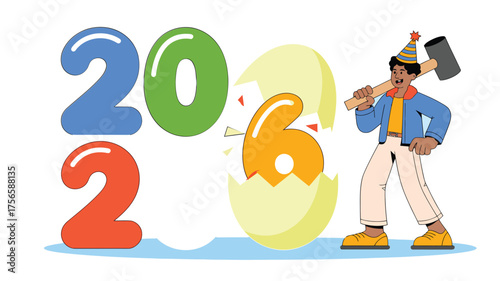 Illustration of a man smashing an egg to reveal the year 2026 colorful vector graphic for new year celebrations and future predictions