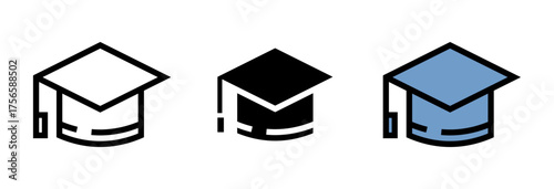 Conjunto de iconos de gorro de graduación. Logro académico, educación superior, éxito profesional. Ilustración vectorial