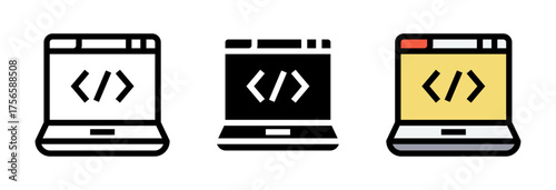 Conjunto de iconos de programación en laptop. Desarrollo web, código digital, innovación tecnológica. Ilustración vectorial