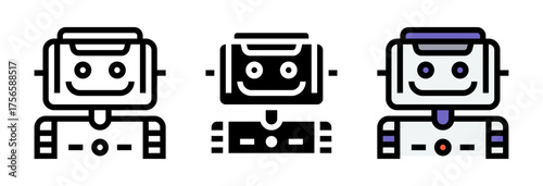 Conjunto de iconos de robot feliz. Inteligencia artificial, tecnología amable, innovación digital. Ilustración vectorial