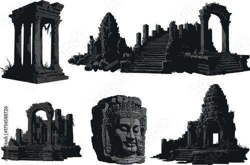 Ancient temple ruins vector illustration, historical architecture silhouette, old stone monuments, Asian heritage design, archaeological landmarks, cultural travel and tourism concept art