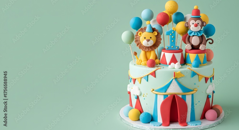 Naklejka premium Whimsical Circus Themed Cake for a 1st Birthday Celebration