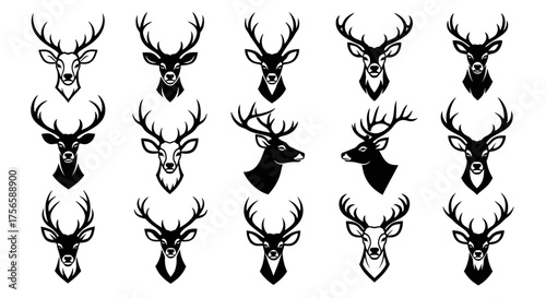Collection of stylized deer head illustrations with antlers in various poses.