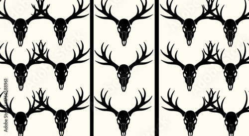 Deer Skull Pattern with Antlers on White Background.