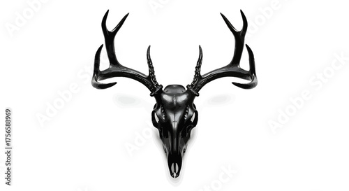 Striking Black Deer Skull with Antlers on White Background.