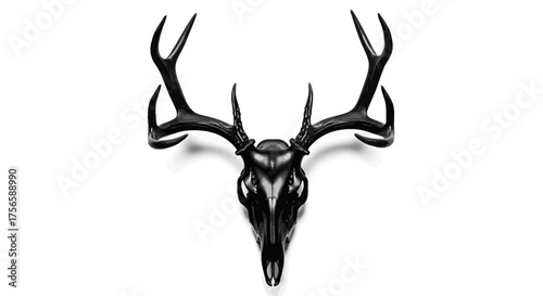 Striking Black Deer Skull with Antlers on White Background.