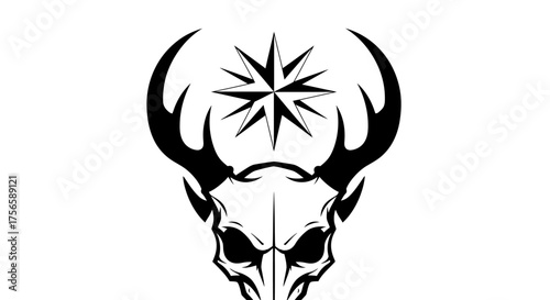 Deer Skull with Compass Rose Tattoo Design.