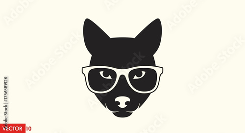 Black Dog Head with Glasses Vector Illustration on White Background.