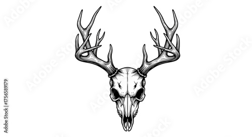 Detailed Hand Drawn Deer Skull with Antlers Illustration.