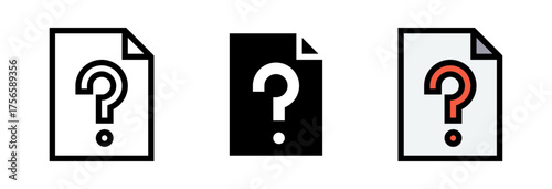 Conjunto de iconos de documento con pregunta. Consulta, duda, búsqueda de información. Ilustración vectorial
