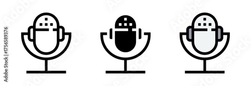 Conjunto de iconos de micrófono de podcast. Comunicación digital, grabación profesional, transmisión online. Ilustración vectorial