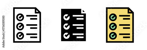 Conjunto de iconos de evaluación aprobada. Resultados positivos, lista validada, documento confiable. Ilustración vectorial