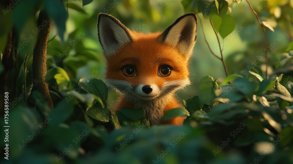 Fototapeta premium Cute fox cub peeking through lush foliage in a sunlit forest. Possible use Children's book cover or educational material
