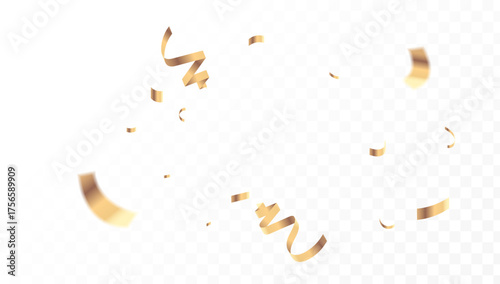 A festive explosion of realistic golden confetti falling against a transparent background for holiday celebrations and party designs