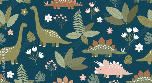 A charming, seamless pattern featuring cute cartoon dinosaurs and lush foliage