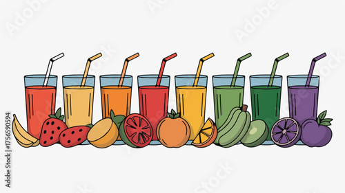 Vibrant assortment of fresh fruit juices and ingredients displayed in a colorful row