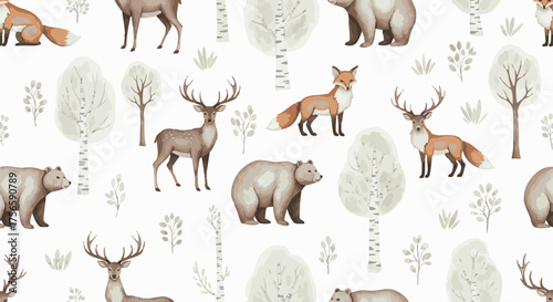 A charming seamless pattern featuring cute watercolor woodland animals like foxes, deer, and bears, set against a backdrop of stylized trees and foliage