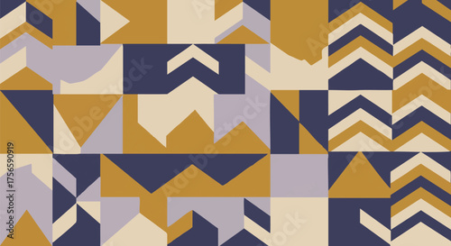 A geometric abstract pattern featuring sharp lines and shapes in a bold color palette of navy blue, mustard yellow, and pale lavender