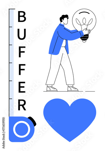 Person carrying lightbulb beside vertical buffer gauge and bold blue heart. Ideal for balance, creativity, problem solving, tasks, energy levels, productivity, and interpersonal connection. Simple