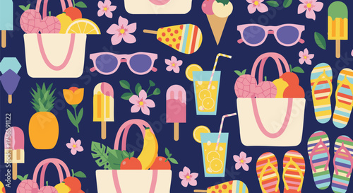 A vibrant, flat design pattern featuring summer essentials like popsicles, beach bags filled with fruit, sunglasses, and flip-flops on a dark blue background