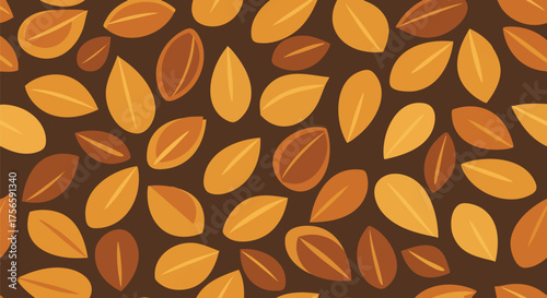 Abstract peanut pattern on a dark brown background. The illustrated design features overlapping peanuts in shades of orange and brown