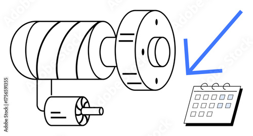 Gear motor connected to a schematic calendar representation with an arrow indicating workflow or planning. Ideal for scheduling, productivity, time management, planning, efficiency, machinery