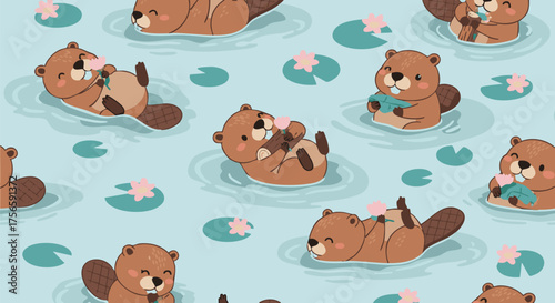 Adorable seamless pattern featuring cute cartoon beavers floating lazily in light blue water among pink lily flowers