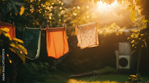 Clothesline drying in a garden at sunset