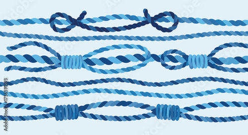 Assortment of blue braided ropes with various nautical knots and twists against a light blue background