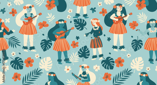 Cheerful seamless pattern with hula dancers playing ukulele and tropical flowers