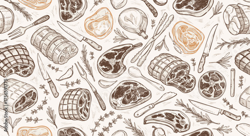Detailed hand-drawn illustration of various cuts of meat, knives, herbs, and cooking utensils
