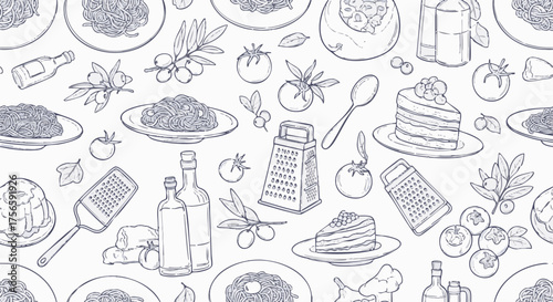 Hand-drawn Italian food pattern featuring spaghetti, olives, tomatoes, olive oil bottles, grater, and cake slices