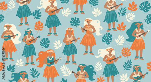 Hawaiian hula dancers play ukuleles and dance amidst tropical leaves in a vibrant, flat design pattern