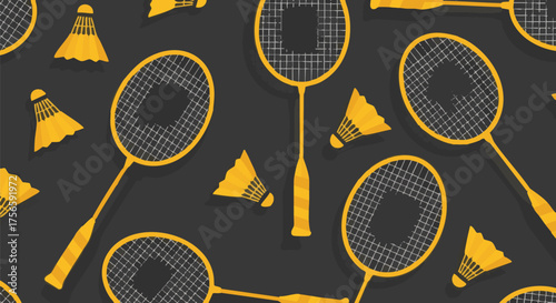 Illustrated seamless pattern featuring badminton rackets and shuttlecocks against a dark background