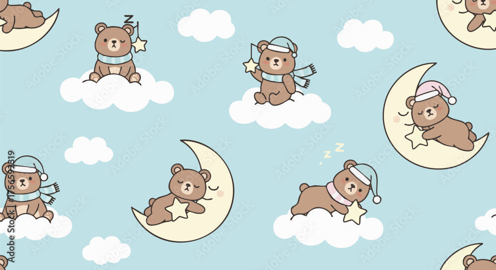 Fototapeta premium Seamless pattern featuring cute cartoon brown bears. They sleep on moon and clouds under a sky