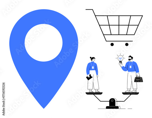 Blue geolocation pin with a shopping cart and two professionals exchanging ideas on a seesaw. Ideal for innovation, teamwork, e-commerce, business strategy, geolocation, balanced work-life, simple