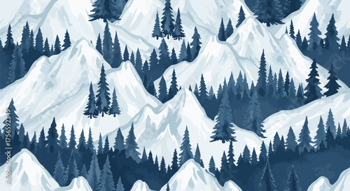 Seamless pattern featuring stylized, layered blue pine forests climbing snowy mountain ranges in a cool, winter landscape graphic style