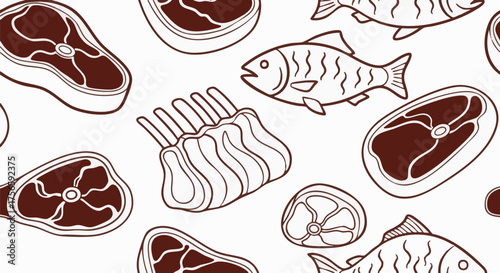 Seamless pattern illustration of meat cuts and fish. Graphic design elements in a food and restaurant concept